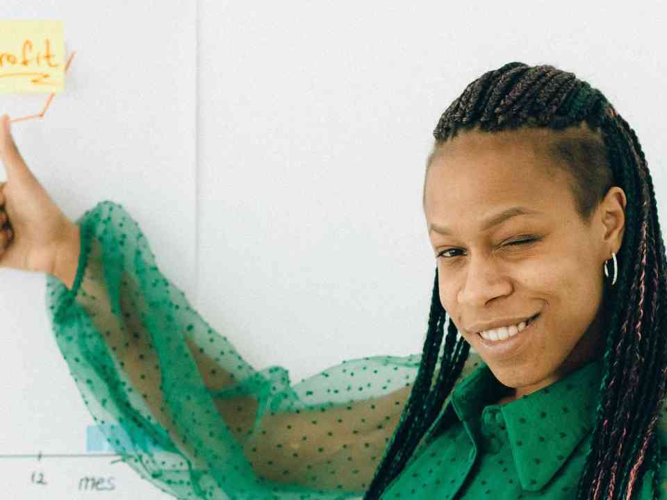 Woman doing the "thumbs up" hand motion in front of a whitebord with drawing of an upward trend graph with a sticker on it with the writing "profit"